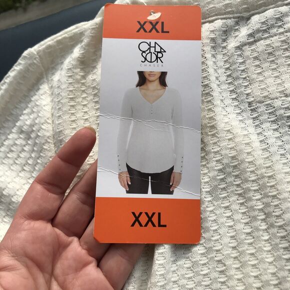 Chaser size XXL cream v neck waffle thermal wide cuff tunic top - Picture 7 of 9